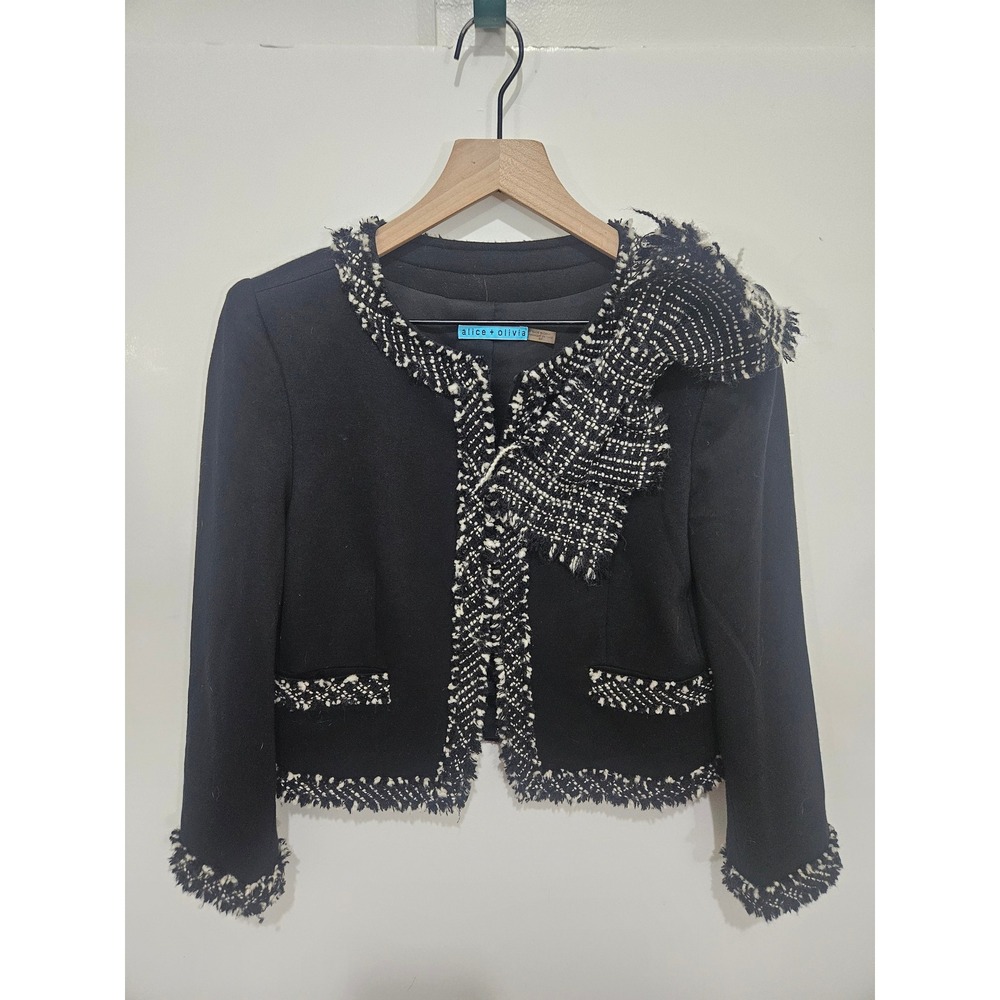 Alice + Olivia S Black Tweed Trim Ruffle Jacket Fringe Cropped Blazer Preppy